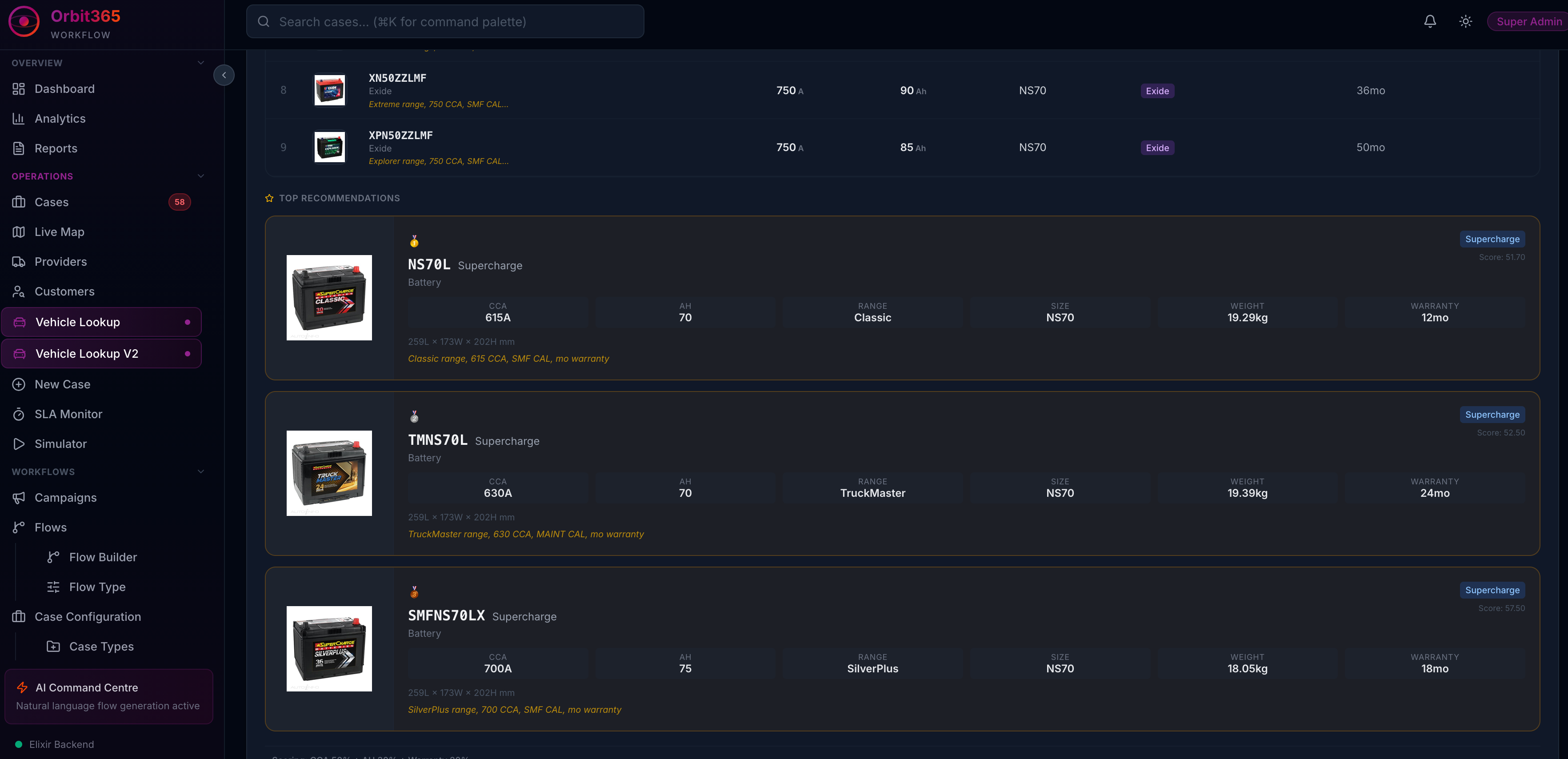 Orbit battery recommendation engine
